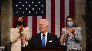U.S. President Joe Biden, center, speaks during a joint session of Congress with Vice-President Kamala Harris and House Speaker Nancy Pelosi