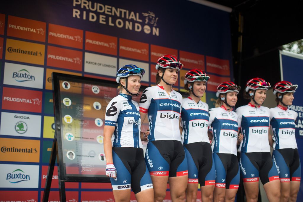 The Cervelo-Bigla team are presented to the crowd