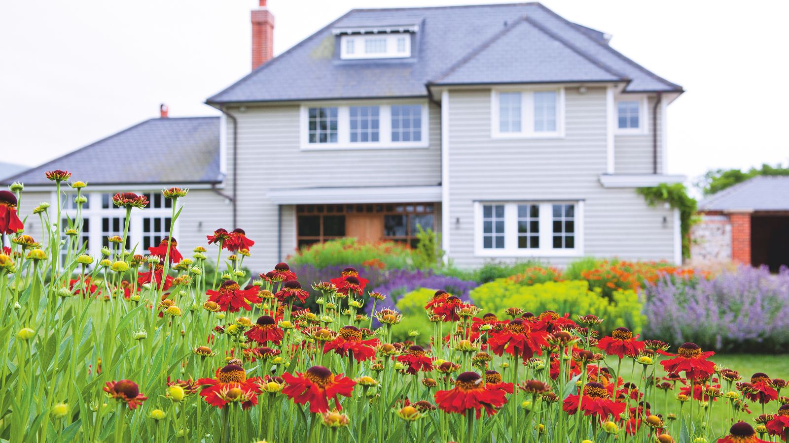 A blurred large panelled grey house in the background, with a lush green lawn with red flowers in the foreground.