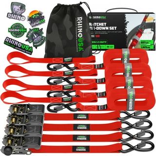 Rhino Usa 1" X 15' Ratchet Strap Tie Down With Safety S Hooks- 1,823lb Break Strength - Red 4 Pack