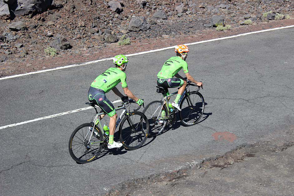 The riders stay in twos all the way up Mt Teide