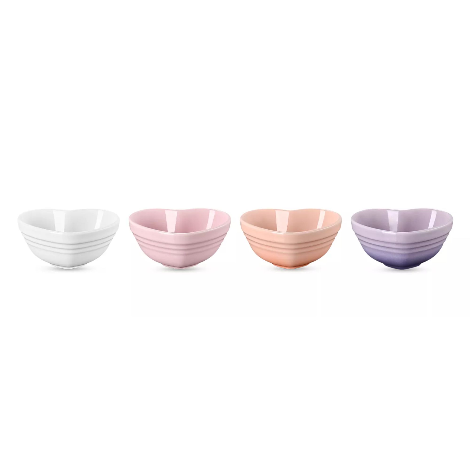 Purple, pink, white and peach-colored heart-shaped pinch bowls