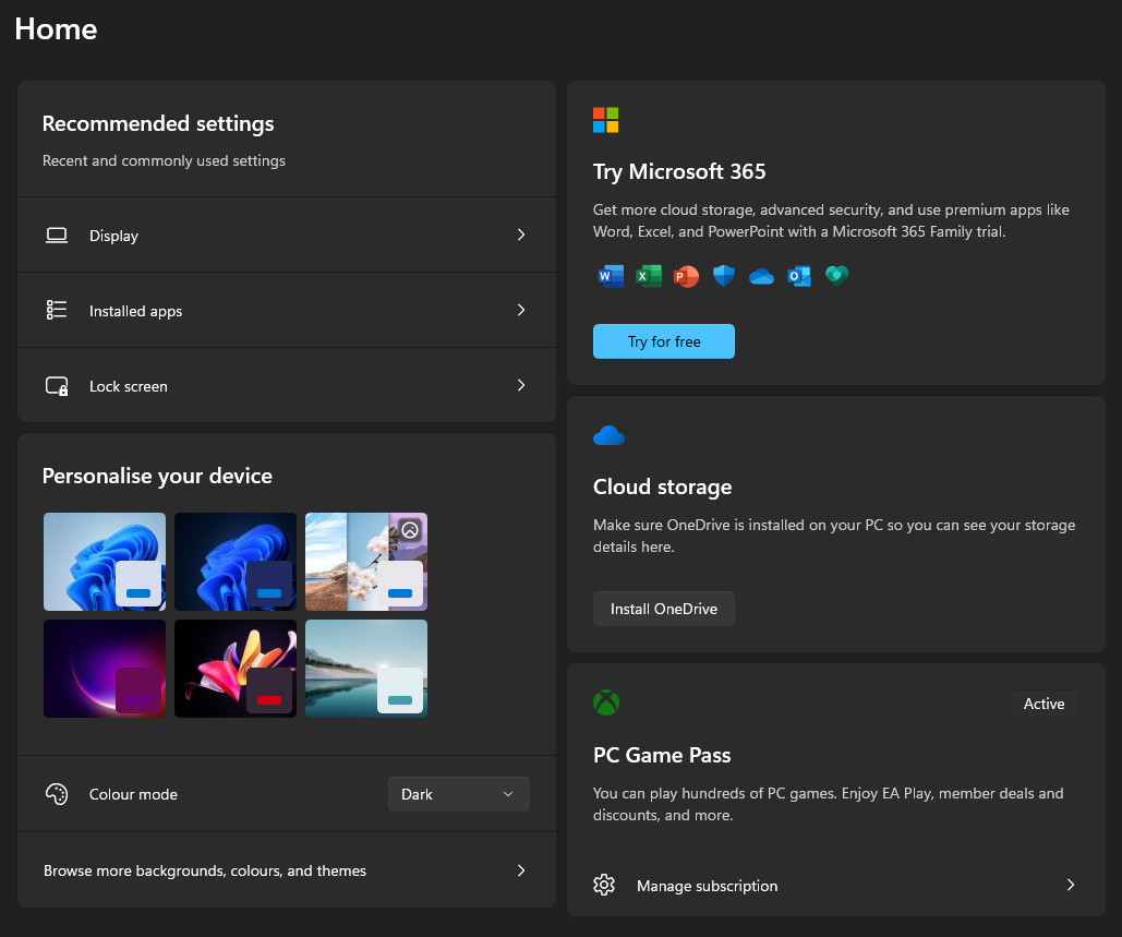 A screenshot of the home page of Windows Settings, with ad cards on the far right.