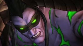 Illidan Stormrage from World of Warcraft looks, glowing eyes full of resentment, at the viewer.
