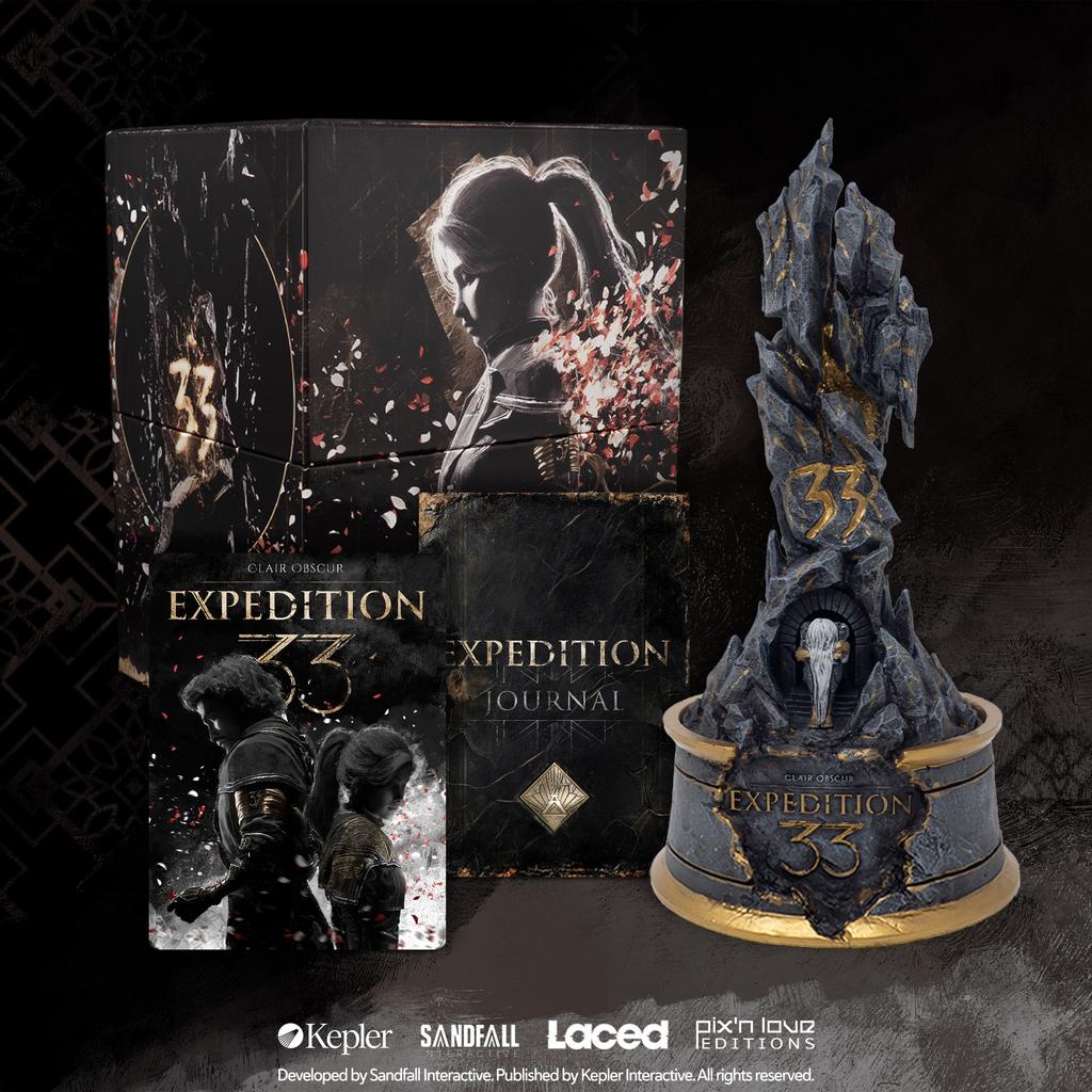 Image showing all the Clair Obscur: Expedition 33 merch available in the Monolith Set, including a music box, artbook journal, and steelbook case on a dark background.