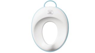 white toilet training seat with blue rim details