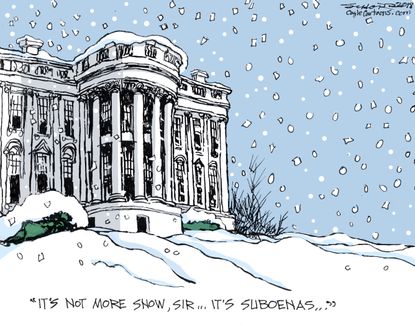 Political cartoon U.S. Trump Mueller FBI Russia investigation winter snow