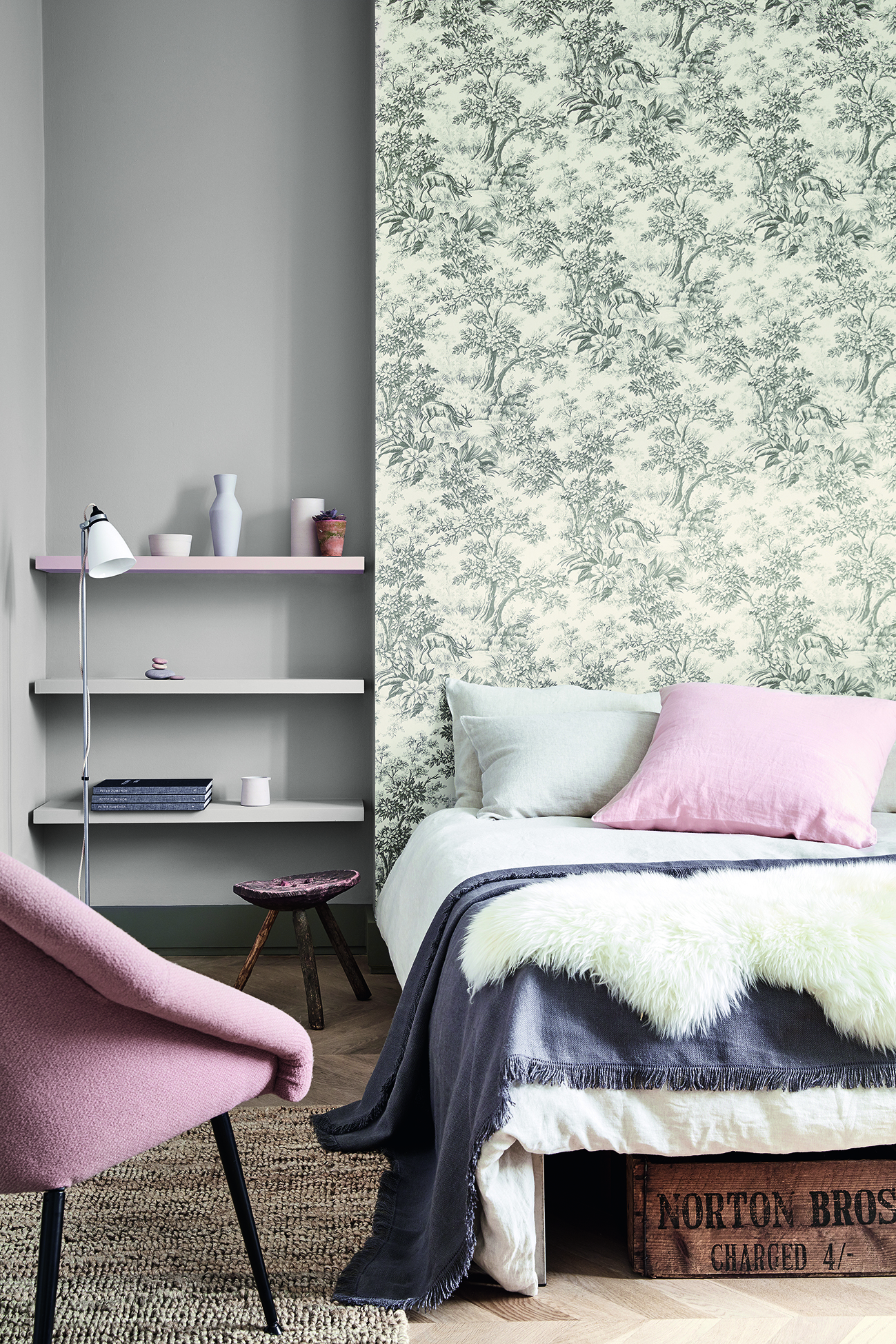 Stag toile wallpaper in moss is by Little Greene