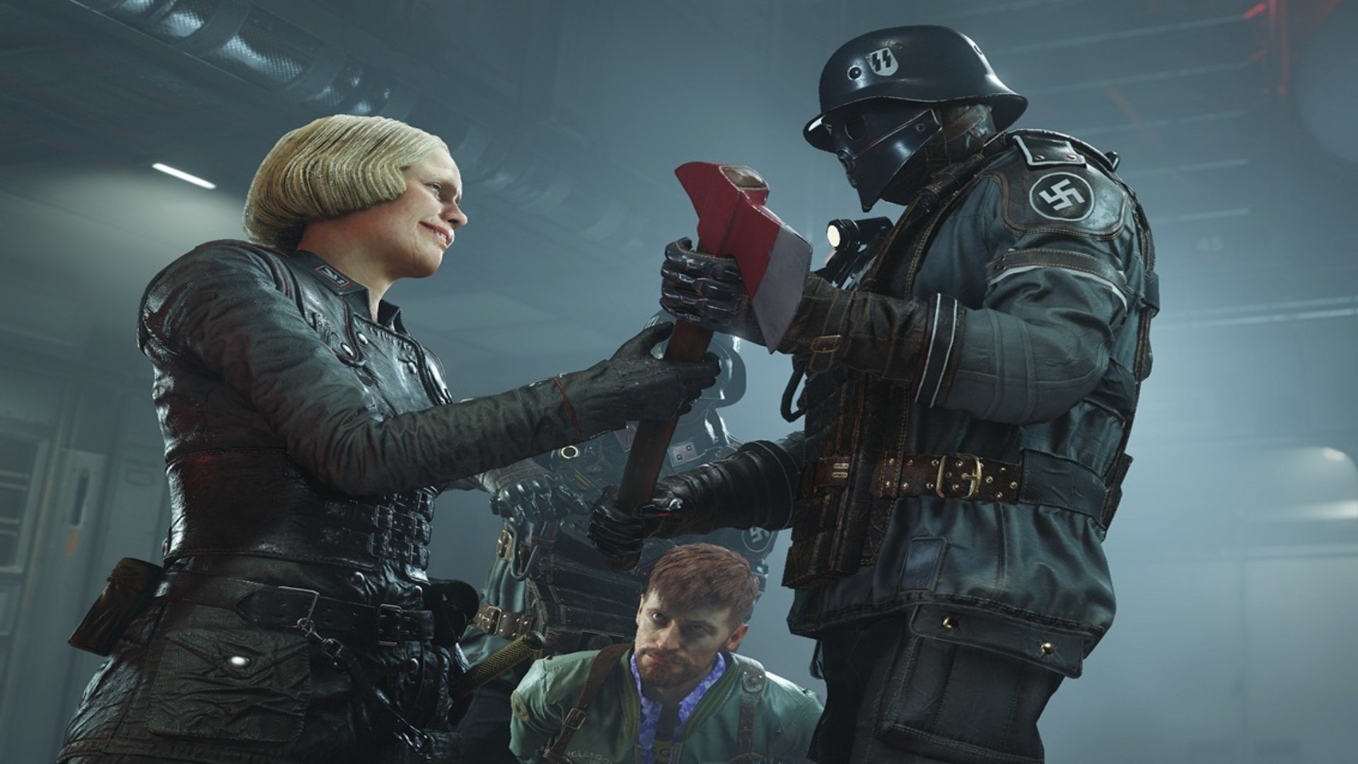 Wolfenstein 2: The New Colossus screenshot of a blonde haired woman called Frau Engel handing an axe to a soldier while a man sits tied up