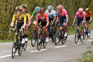 ALTODELANGLIRU SPAIN NOVEMBER 01 Enric Mas Nicolau of Spain and Movistar Team White Best Young Jersey Daniel Martin of Ireland and Team Israel StartUp Nation Green Points Jersey Sepp Kuss of The United States and Team Jumbo Visma Primoz Roglic of Slovenia and Team Jumbo Visma Red Leader Jersey Richard Carapaz of Ecuador and Team INEOS Grenadiers Hugh Carthy of The United Kingdom and Team EF Pro Cycling Michael Woods of Canada and Team EF Pro Cycling Aleksander Vlasov of Russia and Astana Pro Team Jonas Vingegaard Rasmussen of Denmark and Team Jumbo Visma Wouter Poels of The Netherlands and Team Bahrain Mclaren Breakaway during the 75th Tour of Spain 2020 Stage 12 a 1094km stage from Pola de Laviana to Alto de lAngliru 1560m lavuelta LaVuelta20 La Vuelta on November 01 2020 in Alto de lAngliru Spain Photo by David RamosGetty Images