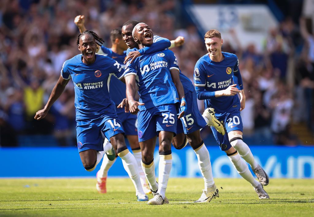 Moises Caicedo of Chelsea celebrates with Nicolas Jackson of Chelsea after scoring his team&#039;s first goal during the Premier League match between Chelsea FC and AFC Bournemouth at Stamford Bridge on May 19, 2024 in London, England. (Photo by Ryan Pierse/Getty Images)