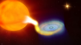 An illustration shows the black hole of V404 Cygni feeding from a stellar victim as a more cautious star in the system keeps its distance