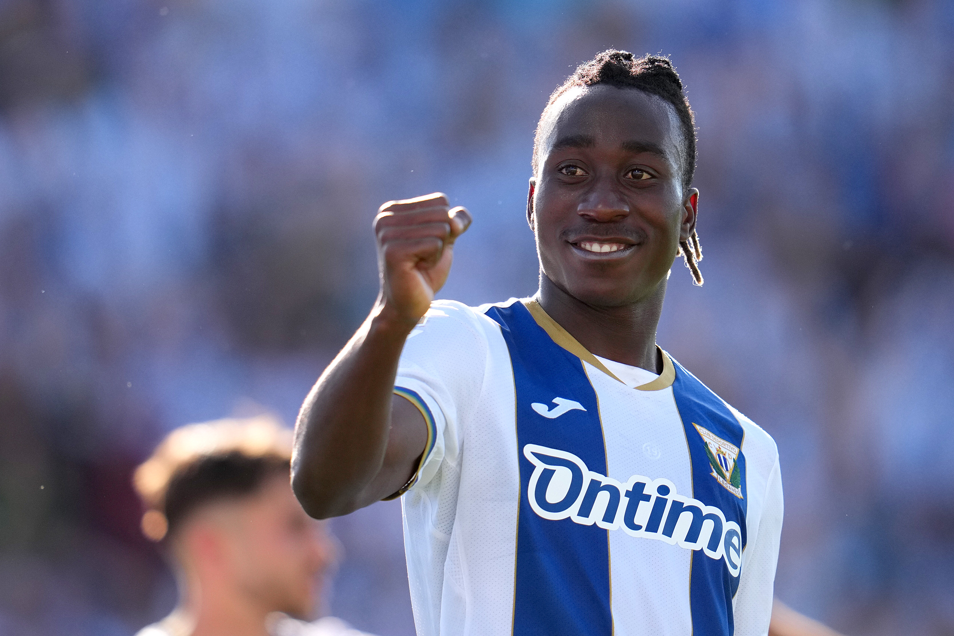 LEGANES, SPAIN - MAY 24: Yan Diomande of CD Leganes celebrates his teammates Juan Cruz (not pictured) third goal during the LaLiga match between CD Leganes and Real Valladolid CF at Estadio Municipal de Butarque on May 24, 2025 in Leganes, Spain. (Photo by Aitor Alcalde/Getty Images)