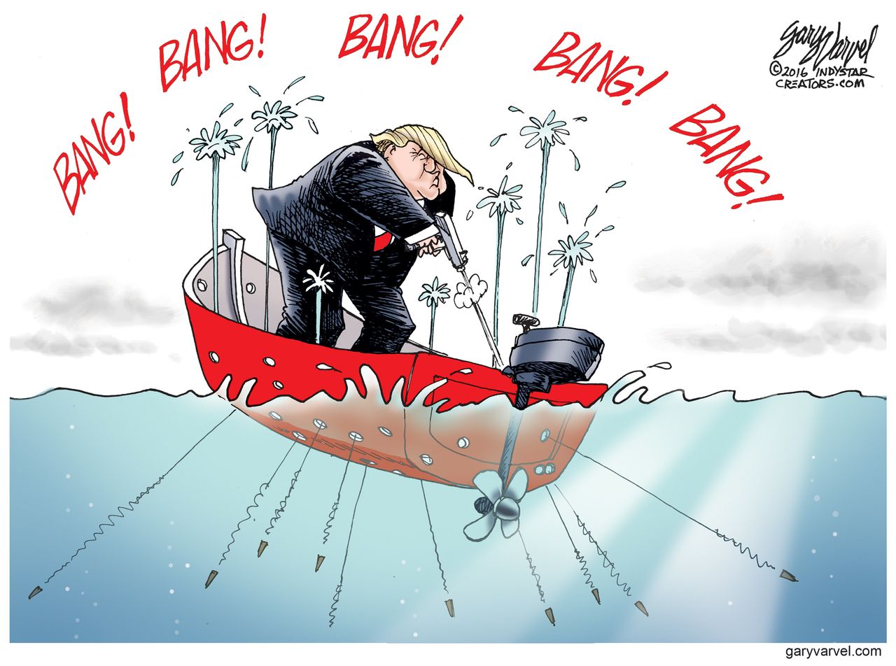 Political cartoon U.S. Donald Trump gun stinking boat