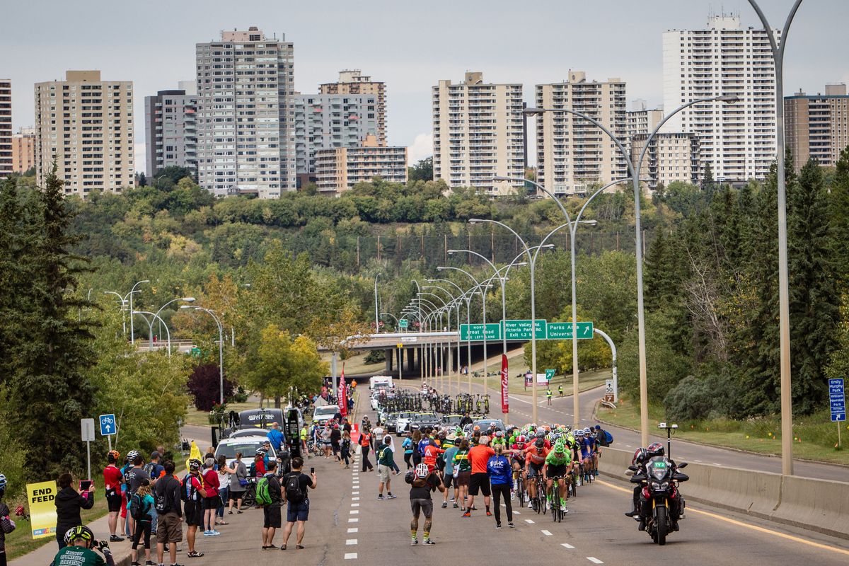 The peloton passes through the feed zone