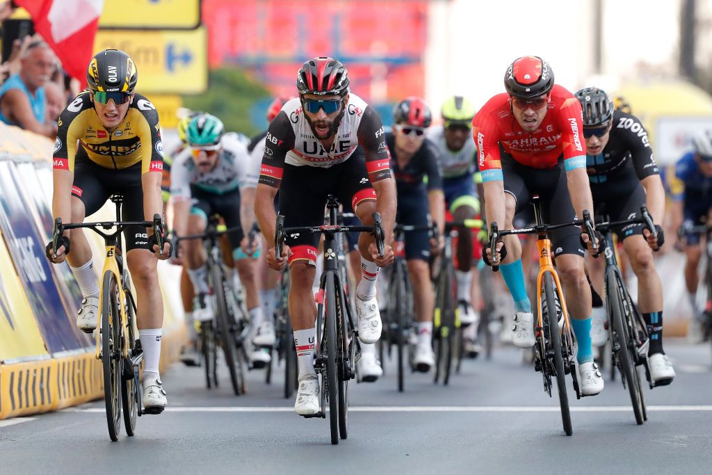 RZESZOW POLAND AUGUST 11 LR Olav Kooij of The Netherlands and Team JumboVisma Fernando Gaviria Rendon of Colombia and UAE Team Emirates Phil Bauhaus of Germany and Team Bahrain Victorious Max Kanter of Germany and Team Team DSM sprint at finish line during the 78th Tour de Pologne 2021 Stage 3 a 226km stage from Sanok to Rzeszw TourdePologne TDP2021 UCIWT on August 11 2021 in Rzeszow Poland Photo by Bas CzerwinskiGetty Images