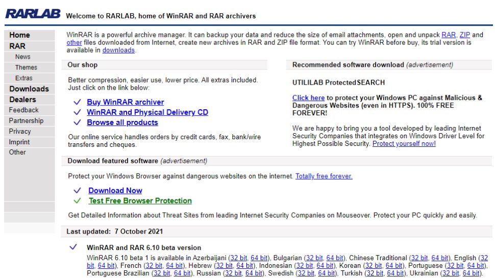 Website screenshot for WinRAR