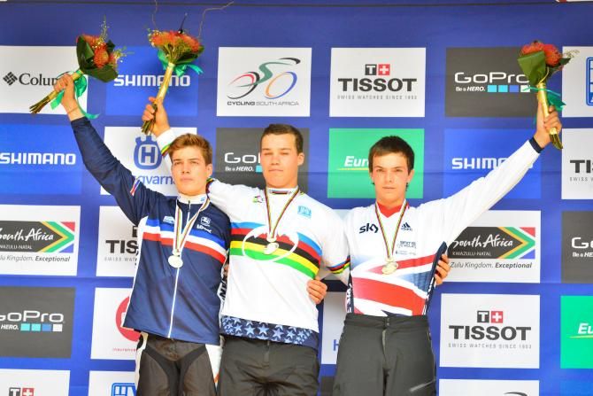 American Richard Rude Jnr claimed the Junior men's downhill World Championship ahead of Frenchman Loris Vergier (left) and Great Britain's Michael Jones (right) in blustery conditions on Friday at the Cascades MTB Park in Pietermaritzburg