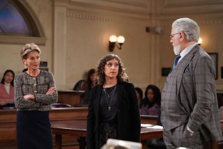 Wendie Malick, Mayim Bialik, and John Larroquette on Night Court