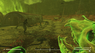 Running through an irradiated area with a skull-like melee weapon in first-person in the Fallout 76 Ghoul update