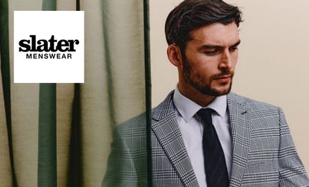Slater logo top left with a picture of a man in grey checkered suit 