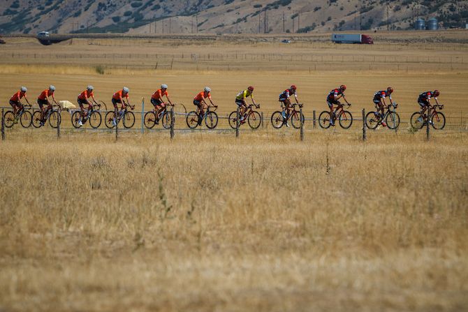 The front of the peloton gets strung out on the way to Mt. Nebo on August 8, 2018 in Cedar City, Utah.