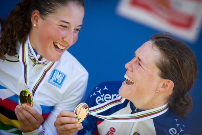 New world champion Julie Bresset and bronze medallist Georgia Gould after the cross country world championship in Saalfelden, Austria