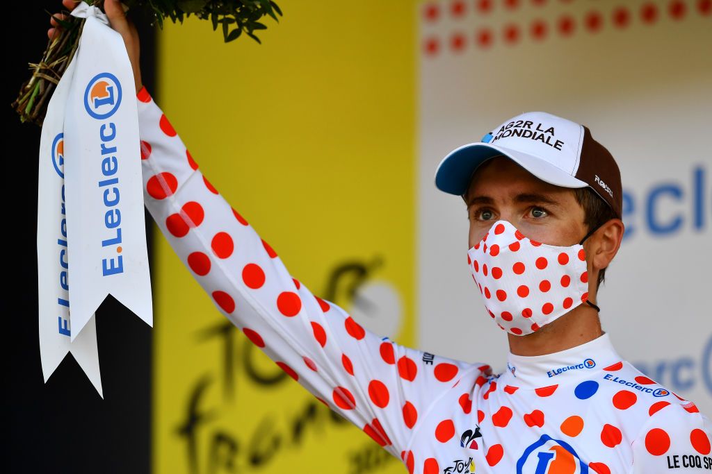 VILLARDDELANS FRANCE SEPTEMBER 15 Podium Benoit Cosnefroy of France and Team Ag2R La Mondiale Polka Dot Mountain Jersey Celebration during the 107th Tour de France 2020 Stage 16 a 164km stage from La TourDuPin to VillardDeLans 1152m Auberge de la Cte 2000 TDF2020 LeTour on September 15 2020 in VillardDeLans France Photo by Stuart FranklinGetty Images