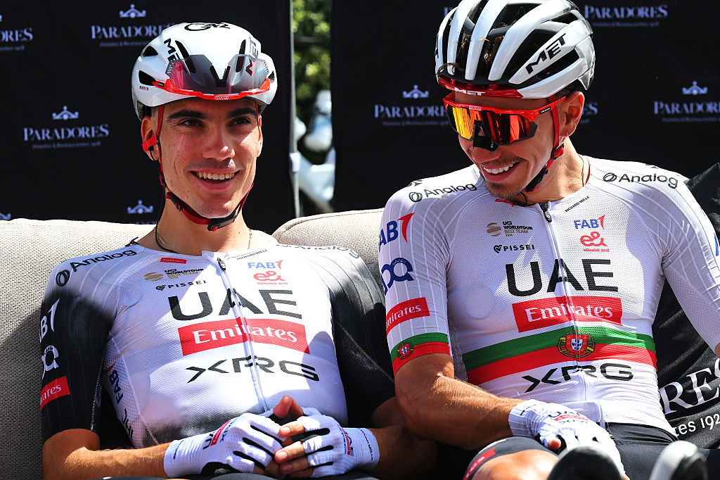 ARGUEDAS, SPAIN - AUGUST 02: (L-R) Juan Ayuso of Spain and Ivo Oliveira of Portugal and UAE Team Emirates - XRG prior to the La Vuelta - 80th Tour of Spain 2025, Stage 10 a 175.3km stage from Parque de la Naturaleza Sendaviva to El Ferial Larra Belagua 1585m / #UCIWT / on September 02, 2025 in Arguedas, Spain. (Photo by Tim de Waele/Getty Images)