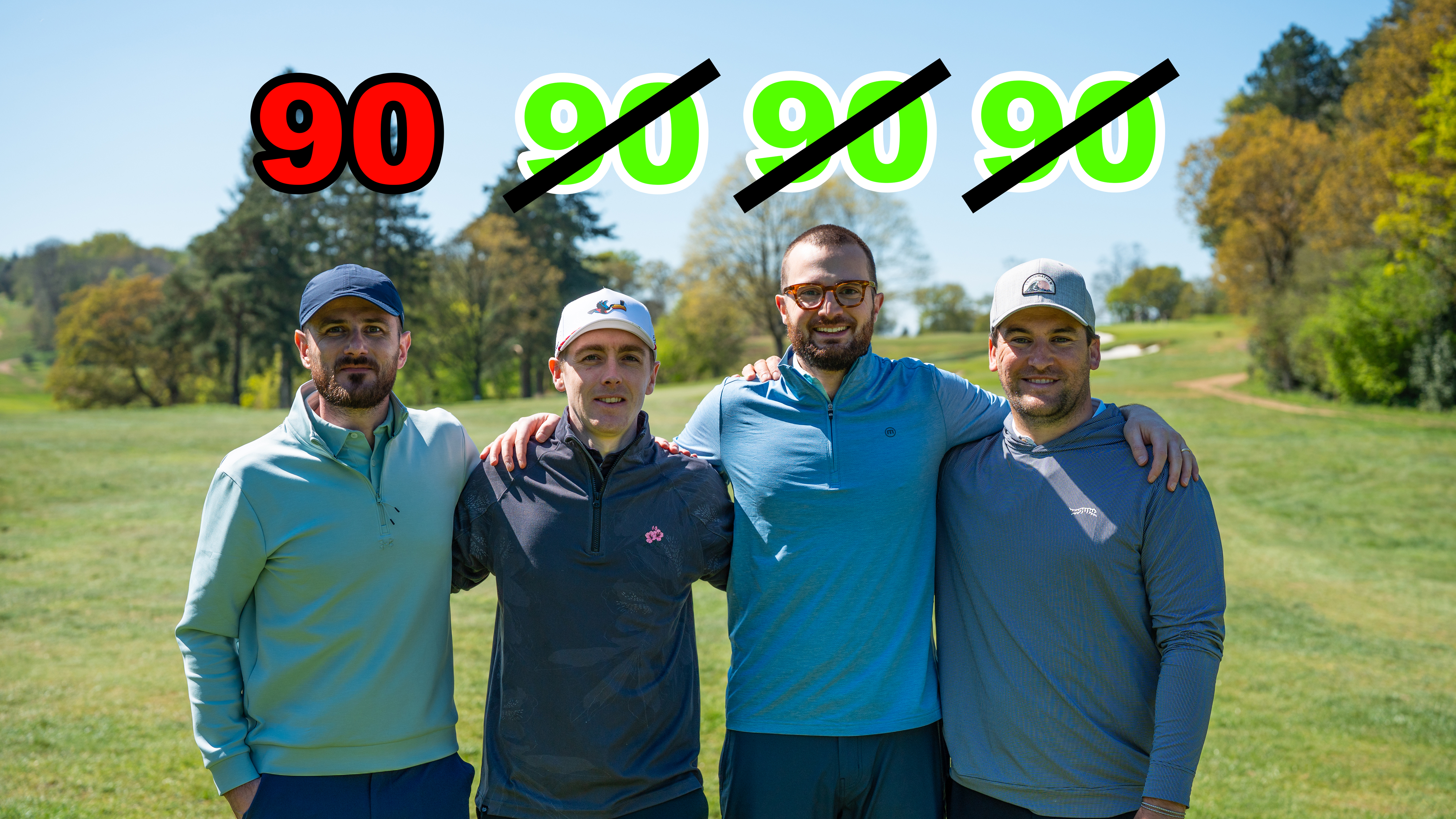 Baz Plummer, who has never broken 90, with three other golfers who have all broken 90 - each with a tick or cross above their head to signify if they have or haven't broken 90