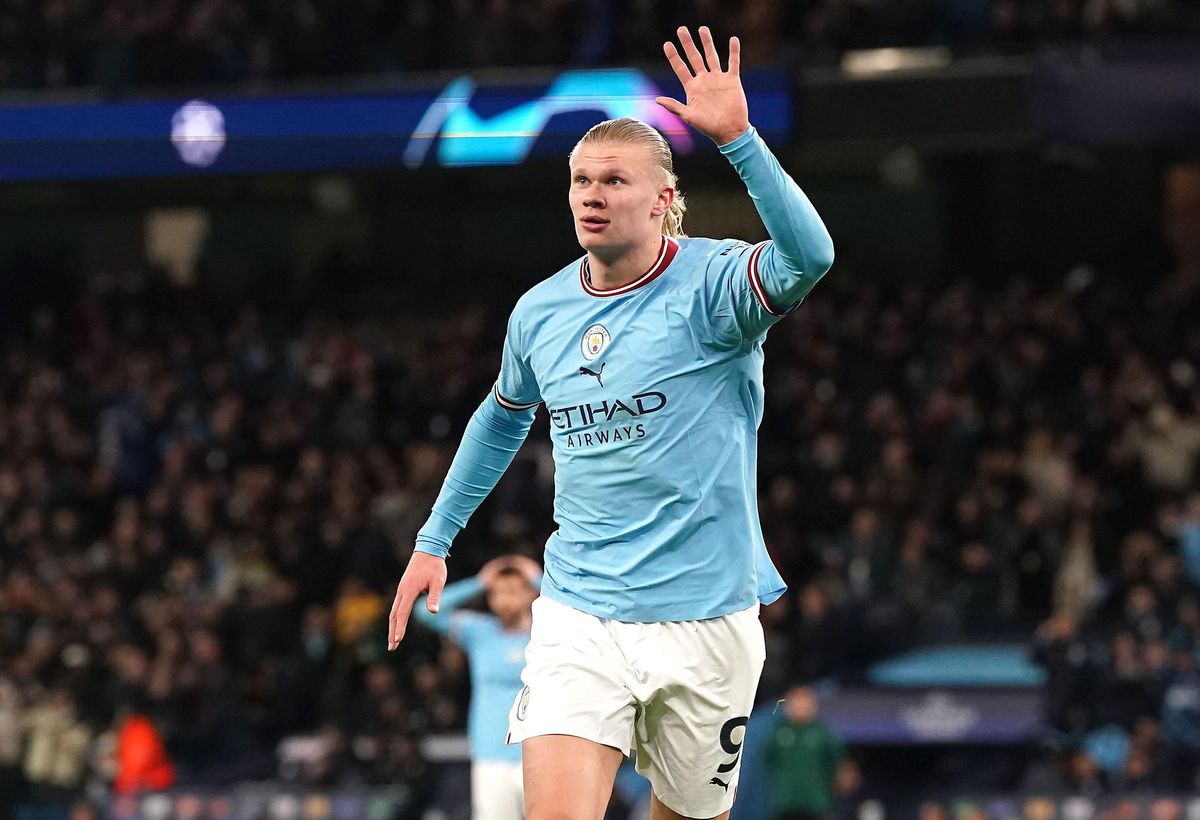Erling Haaland of Manchester City celebrates after scoring his fifth goal against RB Leipzig during the Champions League last 16 second leg match at the Etihad Stadium, March 2023