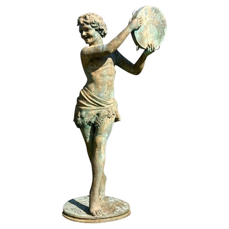 Exceptional Bronze Garden Sculpture of Neoclassical Youth With Tambourine