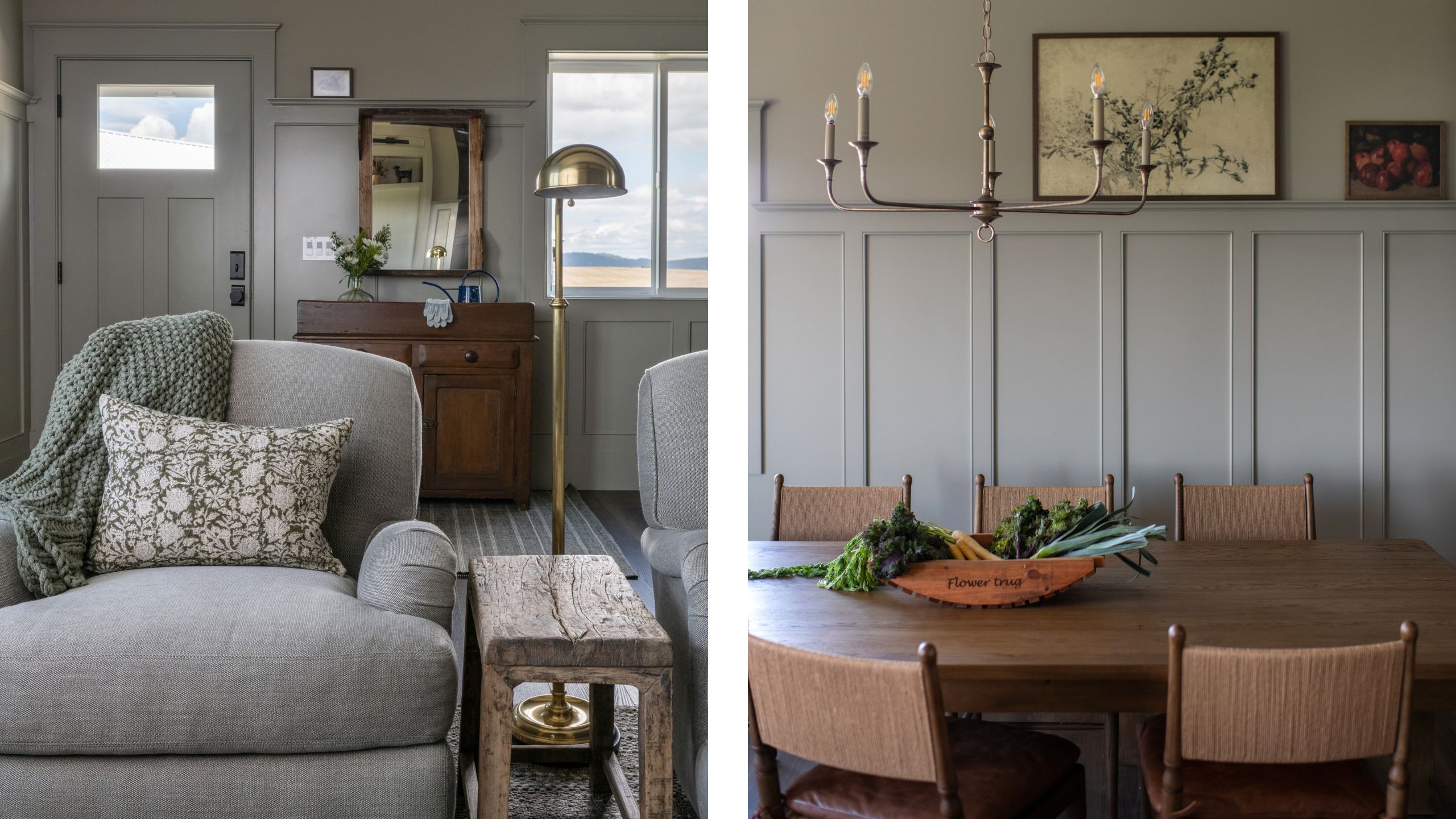 two side by side images of a moody taupe living room and entryway with an open plan dining room styled with wainscoting, vintage art and warm wood