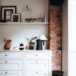 White cabinet drawers, kitchen essentials, kitchen shelving