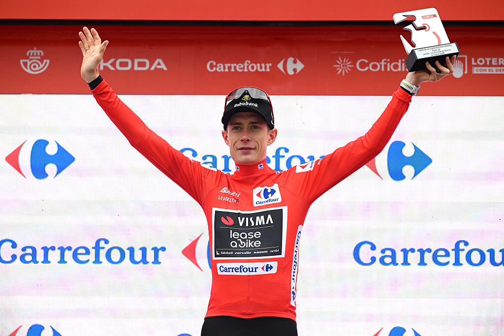 Jonas Vingegaard in the red jersey after stage 12 at the Vuelta a Espa&amp;ntilde;a