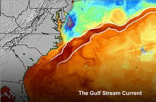 A NOAA map showing the typical path of the Gulf Stream, with warm water appearing red, which skirts well south of New England. 