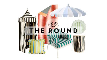 Striped outdoor decor &ndash; including a towel cabana, ruffle-border throw pillow, beach towel, scallop-edged iron chair, pagoda umbrella, irregular side table, and petal-shaped dinner plate &ndash;pictured against a white background