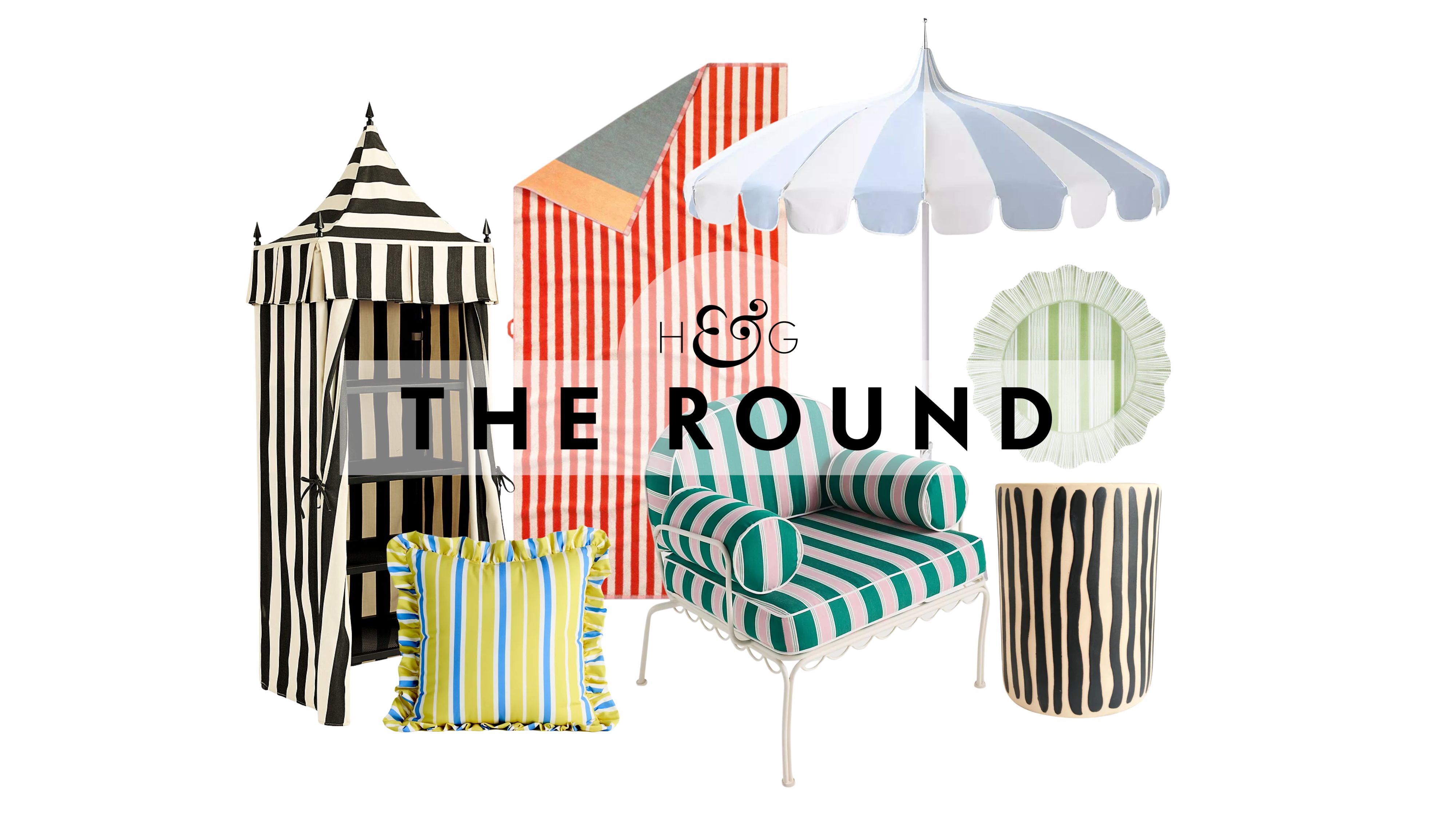 Striped outdoor decor &ndash; including a towel cabana, ruffle-border throw pillow, beach towel, scallop-edged iron chair, pagoda umbrella, irregular side table, and petal-shaped dinner plate &ndash;pictured against a white background