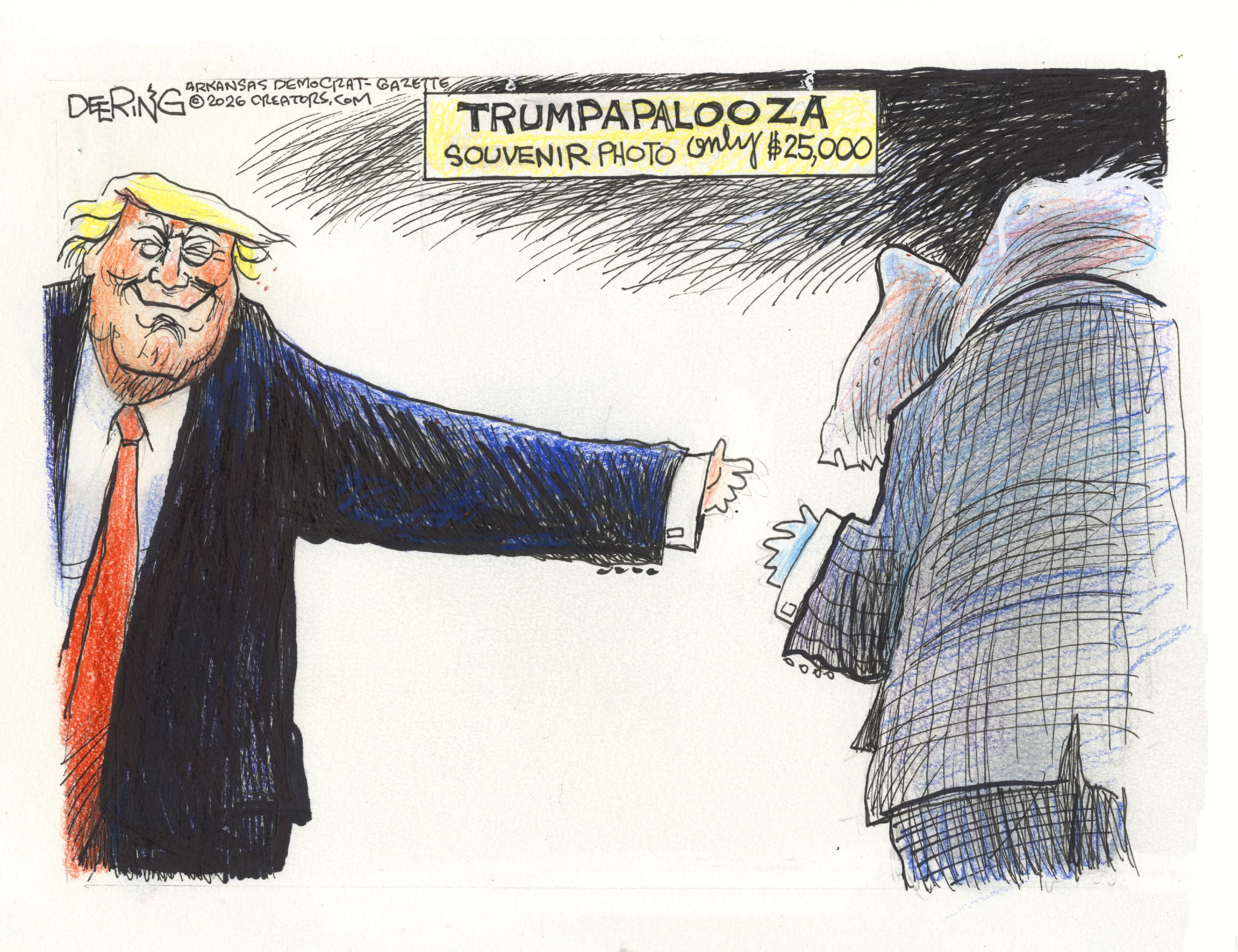 This cartoon is titled &amp;ldquo;Trumpapalooza: Souvenir Photo only $25,000&amp;rdquo;. Donald Trump is on stage and smiles as he reaches his arm out to take a photo with an elephant, who has turned his back so no one can see who it is.