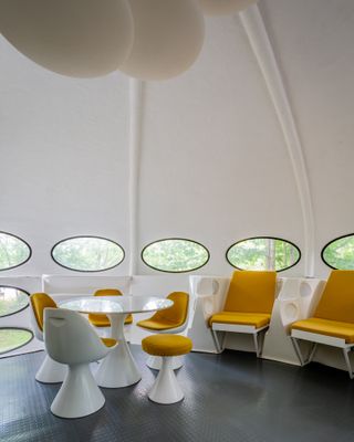futuristic 1960s Futuro House's white and restored interior