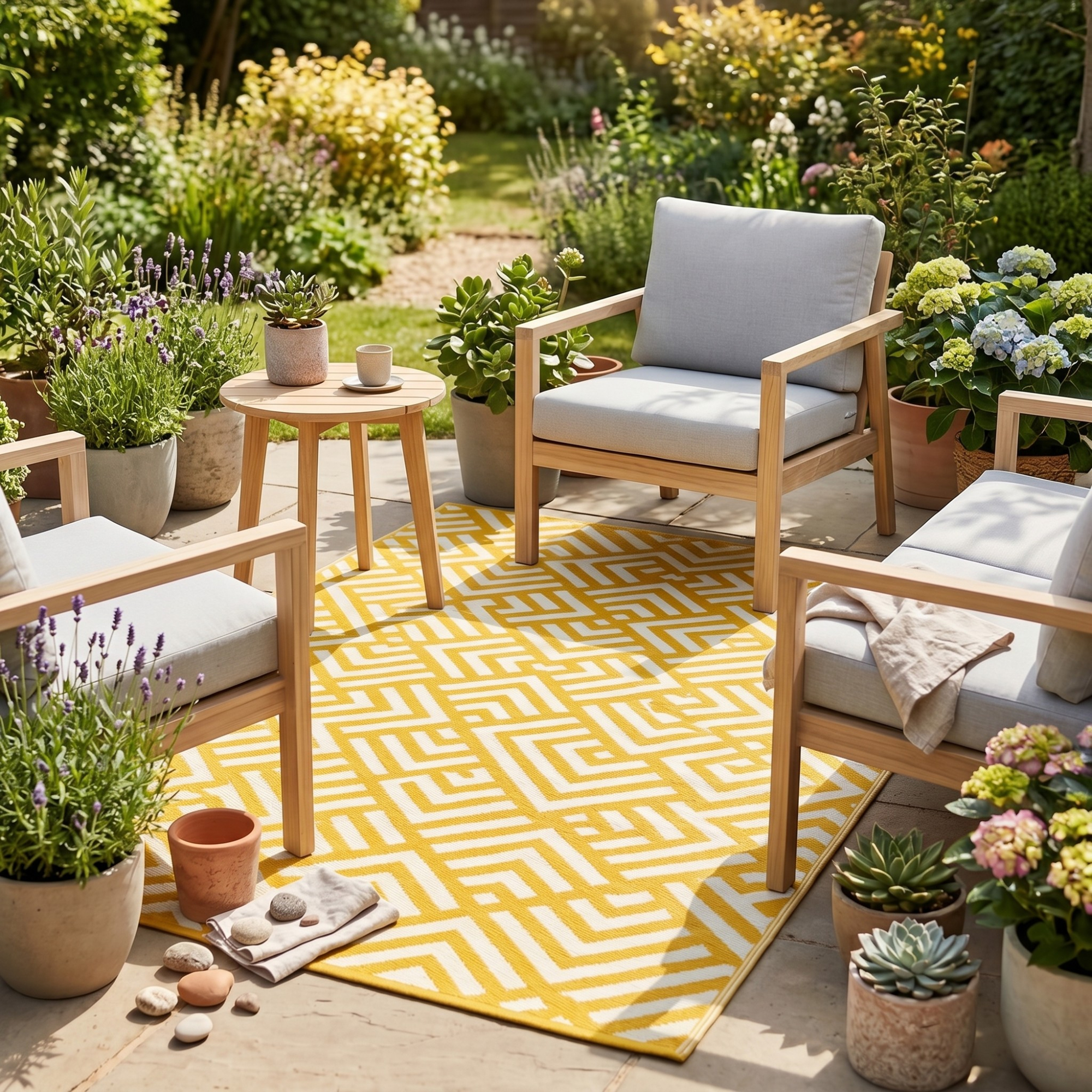 yellow outdoor rug from ALDI on patio with outdoor furniture in a garden in summer
