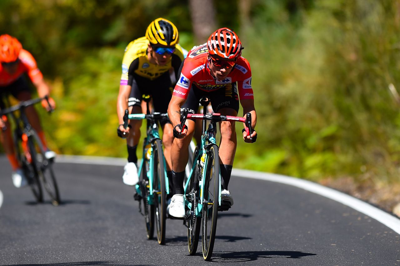 Roglic leads the way down a descent on stage 18