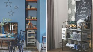 Collage of a blue dining room and a grey dining room with storage ideas to show how to style a dining room ready for Christmas