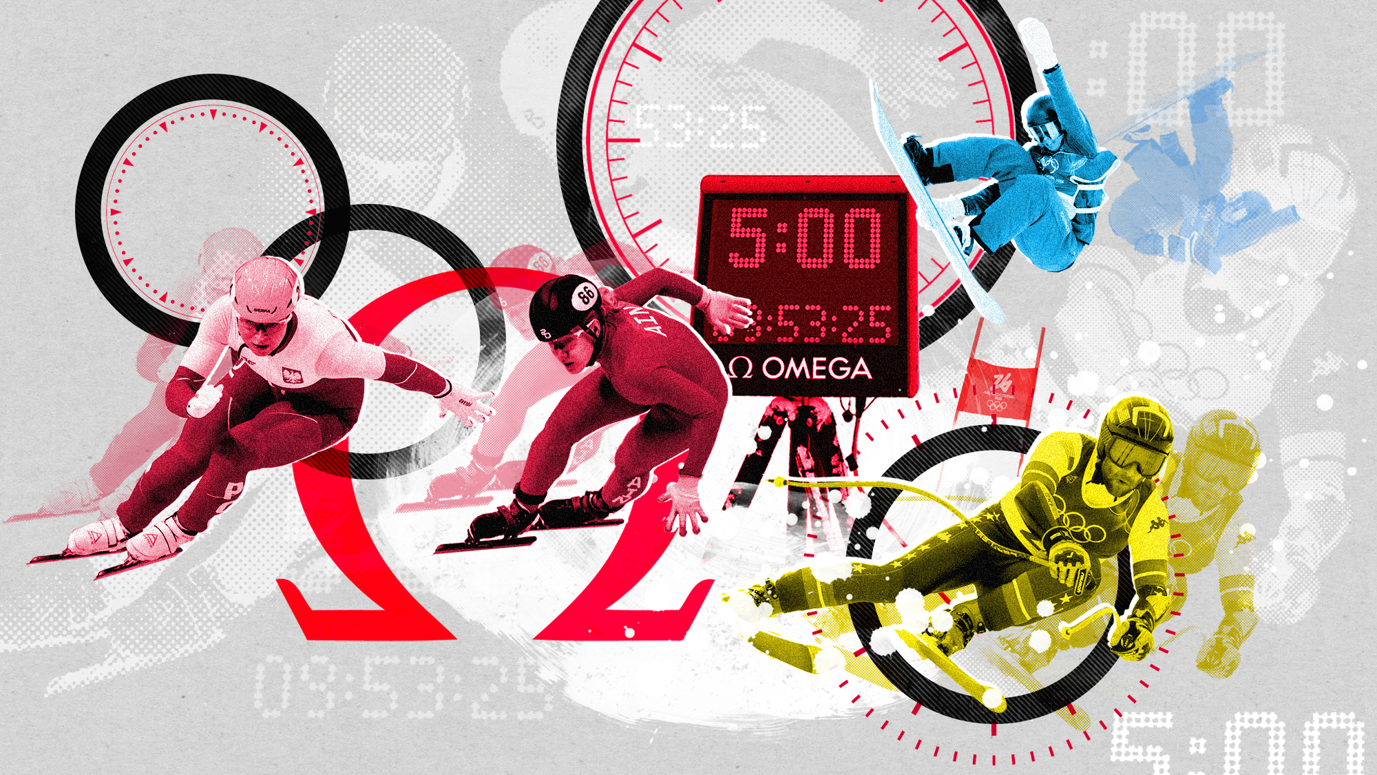 A montage of Winter Olympics athletes with motifs of timers 