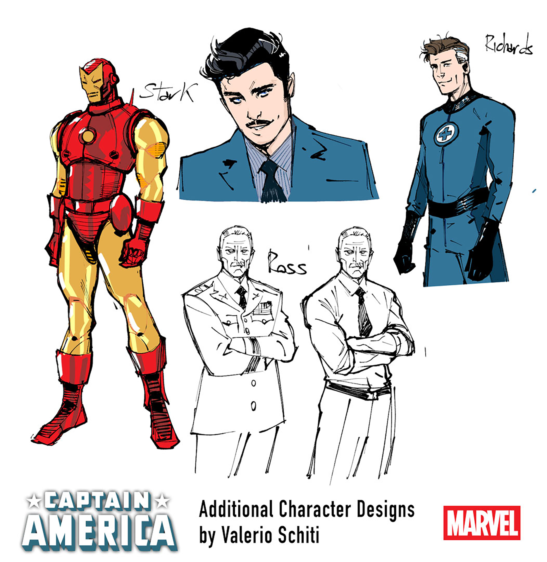 Tony Stark, Rid Richards y el diseño de personajes de Valerio Schiti de Thundes Richards y Thundes Richards