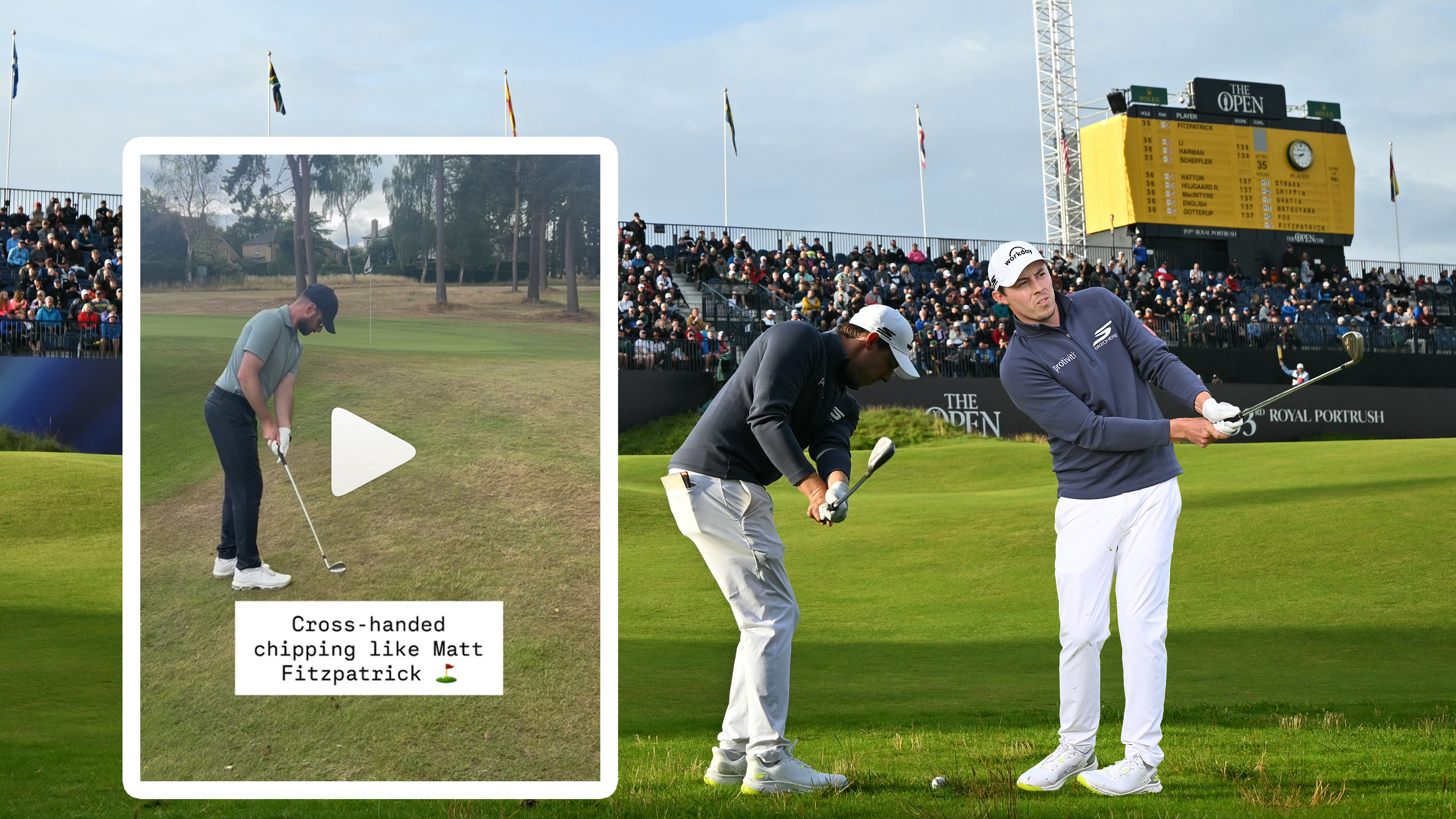 Matt Fitzpatrick hitting a cross-handed chip shot during the Open Championship at Royal Portrush, with an inset image of Baz Plummer trying the cross-handed chipping technique