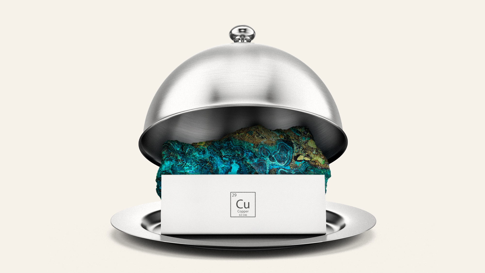Illustration of a cloche opening to reveal a chunk of copper ore