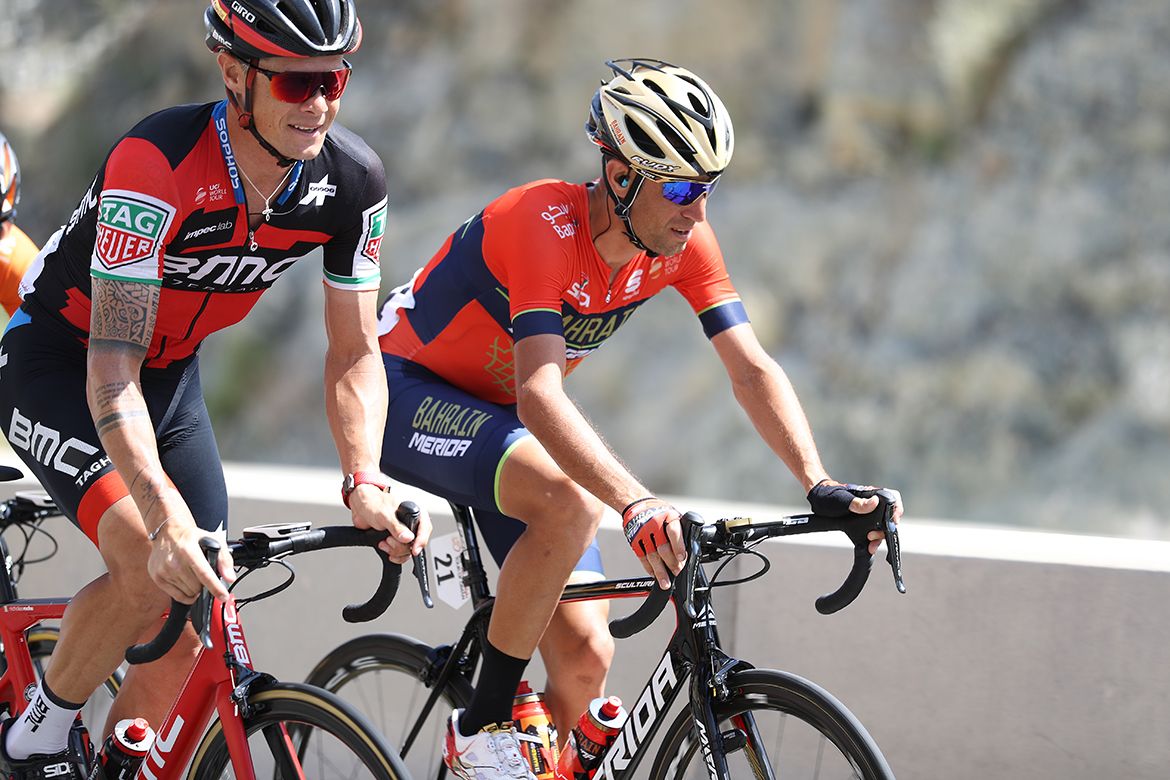 Nicolas Roche (BMC) and Vincenzo Nibali (Bahrain-Merida) before the climb to the finish