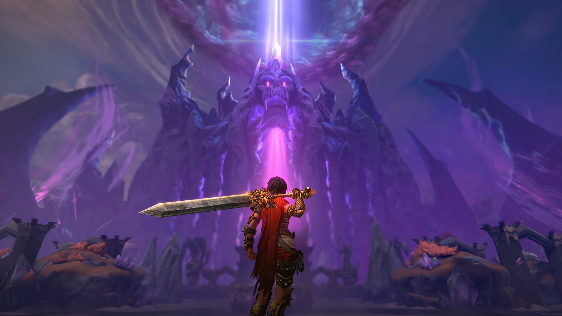 A player with a giant sword looks up at a purple, evil looking mountain in SMITE