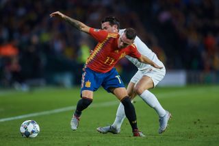 Iago Aspas in action for Spain against England in 2018.